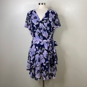 ASL TAHARI Purple Floral Print Ruffle Dress